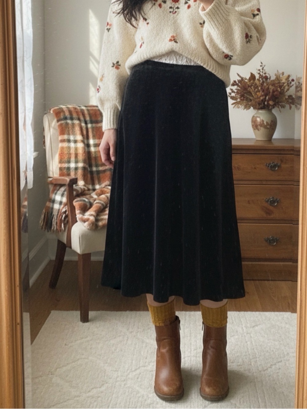 NWT Black Velvet Midi Skirt